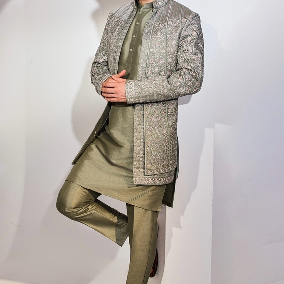 Olive Green Silk Embroidery Indowestern Set - Picture 1 of 7